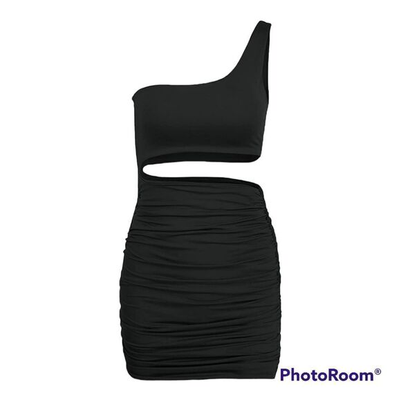 One Shoulder Sleeveless Bodycon Mini Dress Cutout Ruched Slim Fit Size S - Picture 1 of 9